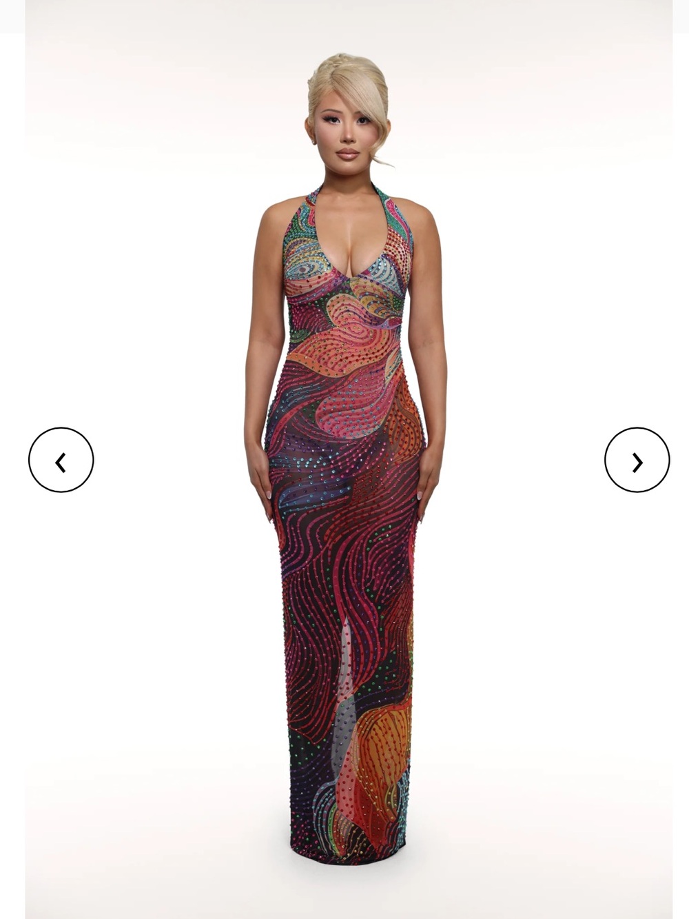 Multicolor Halter Maxi Dress with Sequin Swirl Design